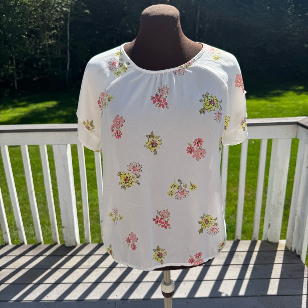LOFT Ivory Blouse with Pink and Green Floral Design